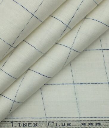 Linen Club White 100% European Linen Blue Checks  100% European Linen Structured Unstitched Suit or Safari Suit Fabric (3 M)