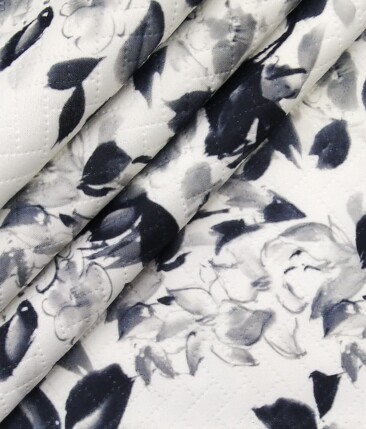 Exquisite White Terry Rayon Dark Blue Floral Print Unstitched Blazer Fabric (2 M)