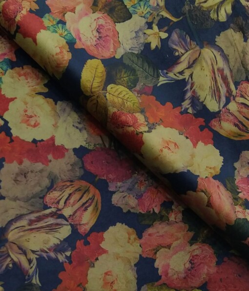Italian Channel Multicolor Floral Printed Velvet Unstitched Bandhgala or Blazer Fabric (2.25 Mtr)
