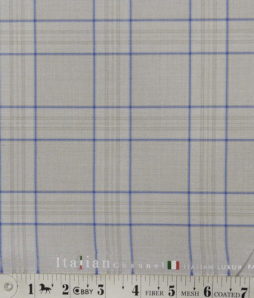 Italian Channel Light Grey Broad Blue Check Terry Rayon Unstitched Fabric (1.25 Mtr) For Trouser