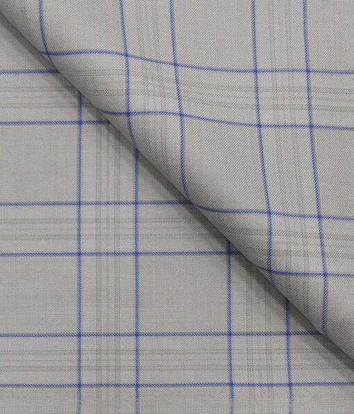 Italian Channel Light Grey Broad Blue Check Terry Rayon Unstitched Fabric (1.25 Mtr) For Trouser