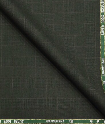 J.Hampstead by Siyaram's Dark Green Checks Super 100's 20% Merino Wool  Unstitched Fabric (1.25 Mtr) For Trouser