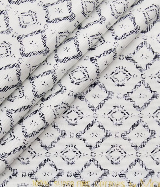 Monza White 100% Superfine Cotton Blue Printed Shirt Fabric (1.60 M)