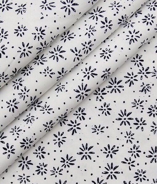 Monza White 100% Superfine Cotton Navy Blue Floral Printed Shirt Fabric (1.60 M)