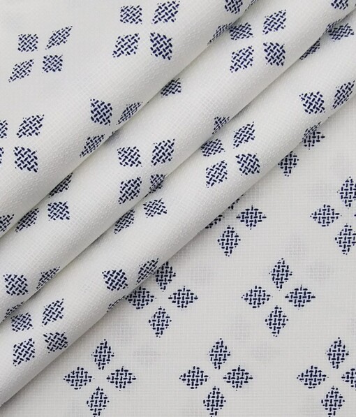 Monza White 100% Superfine Cotton Royal Blue Printed Shirt Fabric (1.60 M)