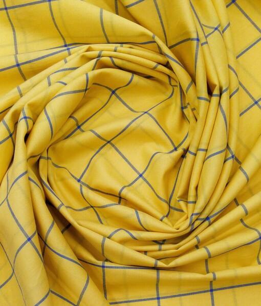 Monza Bright Yellow 100% Superfine Cotton Royal Blue Broad Checks Shirt Fabric (1.60 M)