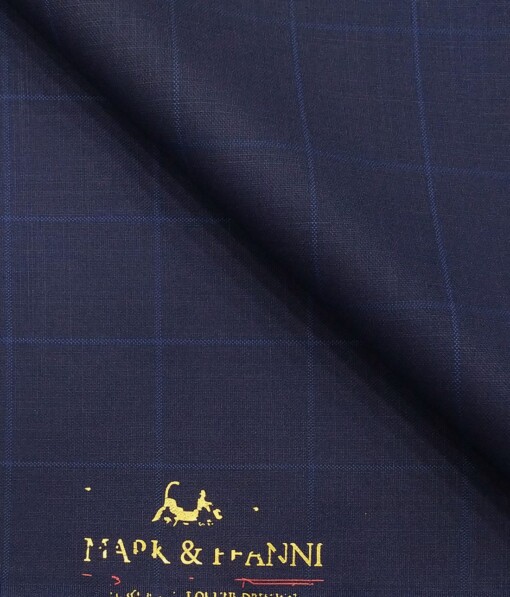 Mark & Peanni Dark Royal Blue Checks Terry Rayon Unstitched Fabric (1.25 Mtr) For Trouser