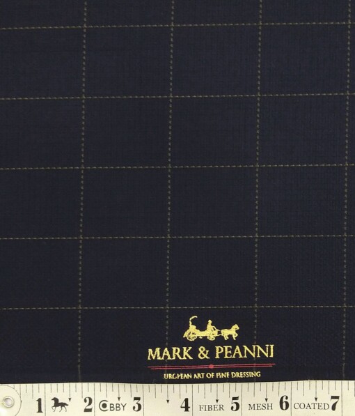 Mark & Peanni Dark Navy Blue base Beige Structured Checks Terry Rayon Unstitched Fabric (1.25 Mtr) For Trouser