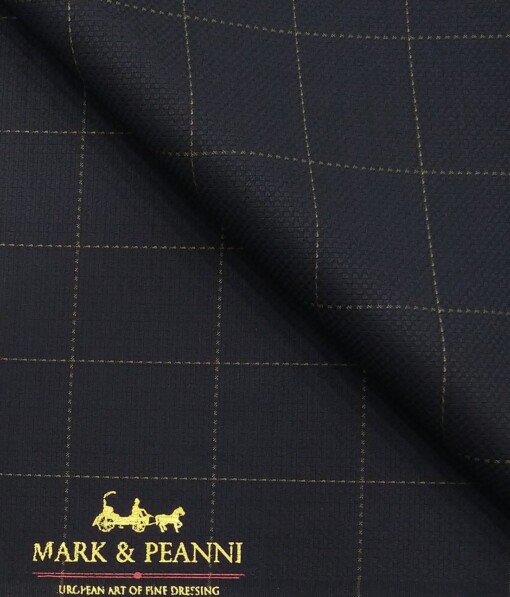 Mark & Peanni Dark Navy Blue base Beige Structured Checks Terry Rayon Unstitched Fabric (1.25 Mtr) For Trouser