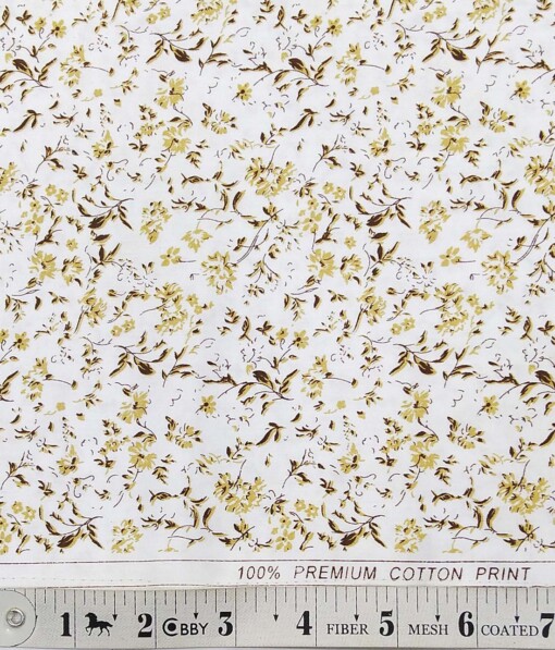 Solino White 100% Premium Cotton Brown Floral Print Shirt Fabric (1.60 M)