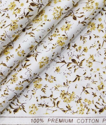 Solino White 100% Premium Cotton Brown Floral Print Shirt Fabric (1.60 M)