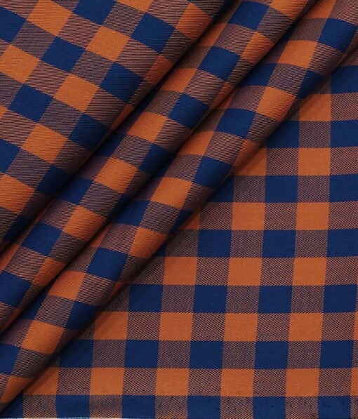 Bombay Rayon Orange & Blue 100% Pure Cotton Burberry Checks Shirt Fabric (1.60 M)