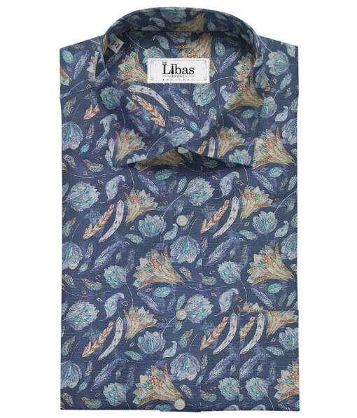 Cadini Italy Aegean Blue Cotton Linen Digital Floral Print Shirt Fabric (1.60 M)