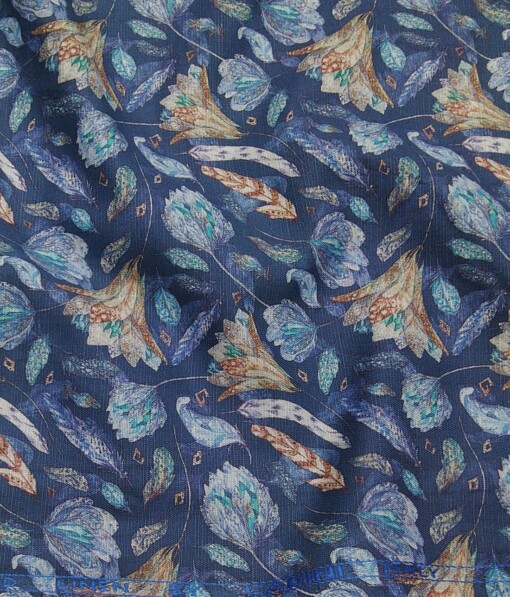 Cadini Italy Aegean Blue Cotton Linen Digital Floral Print Shirt Fabric (1.60 M)
