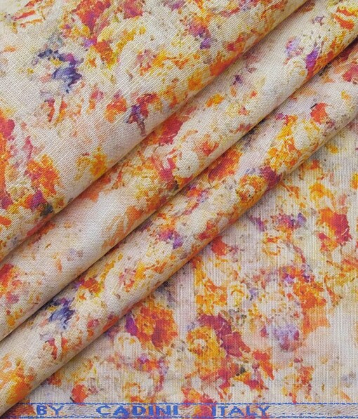 Cadini Italy Beige Cotton Linen Digital Spray Print Shirt Fabric (1.60 M)