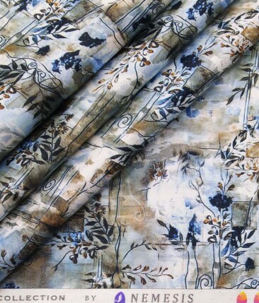 Nemesis White & Blue Multi Color 100% Egyptian Giza Cotton Digital Floral Print Shirt Fabric (1.60 M)