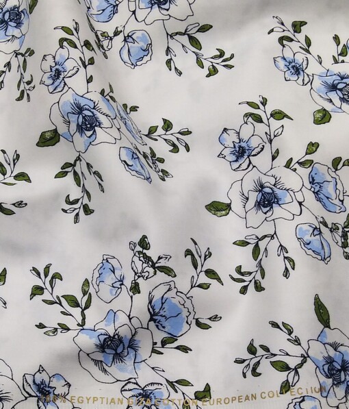 Nemesis White 100% Egyptian Giza Cotton Green & Blue Floral Printed Shirt Fabric (1.60 M)