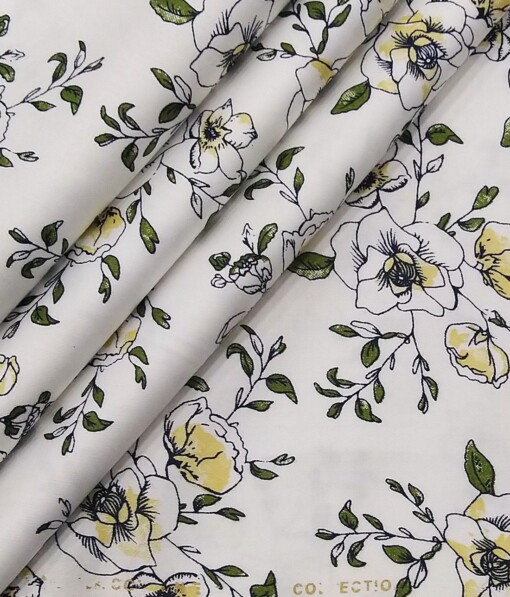 Nemesis White 100% Egyptian Giza Cotton Green & Yellow Floral Printed Shirt Fabric (1.60 M)