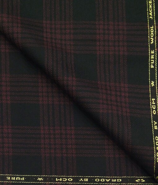 OCM Black & Maroon Checks 100% Pure Merino Wool Thick Tweed Jacketing & Blazer Fabric (Unstitched - 2 Mtr)