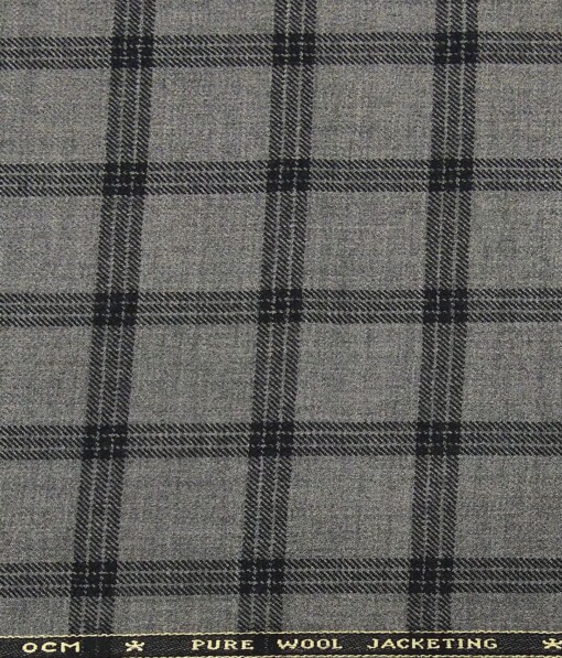 OCM Grey & Black Checks 100% Pure Merino Wool Thick Tweed Jacketing & Blazer Fabric (Unstitched - 2 Mtr)
