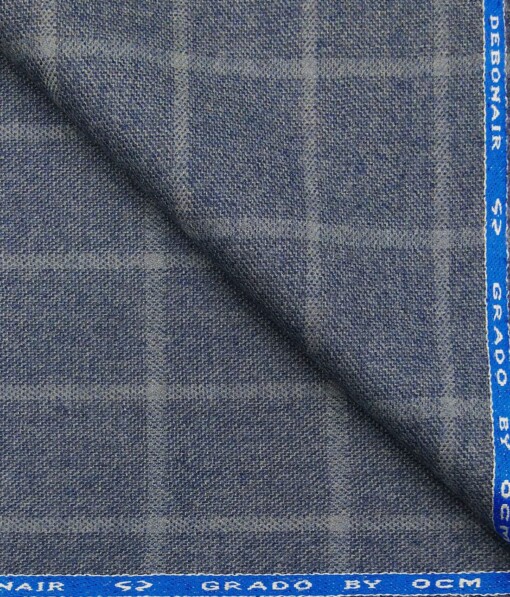 OCM Medium Blue Self Checks 100% Pure Merino Wool Thick Tweed Jacketing & Blazer Fabric (Unstitched - 2 Mtr)