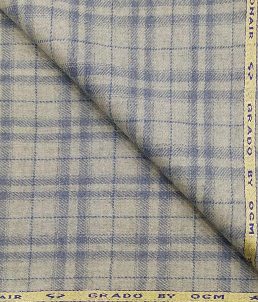 OCM Light Pistachious Grey & Blue Checks 100% Pure Merino Wool Tweed Jacketing & Blazer Fabric (Unstitched - 2 Mtr)