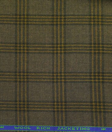 OCM Brown & Yellow Checks 65% Merino Wool Thick Tweed Jacketing & Blazer Fabric (Unstitched - 2 Mtr)