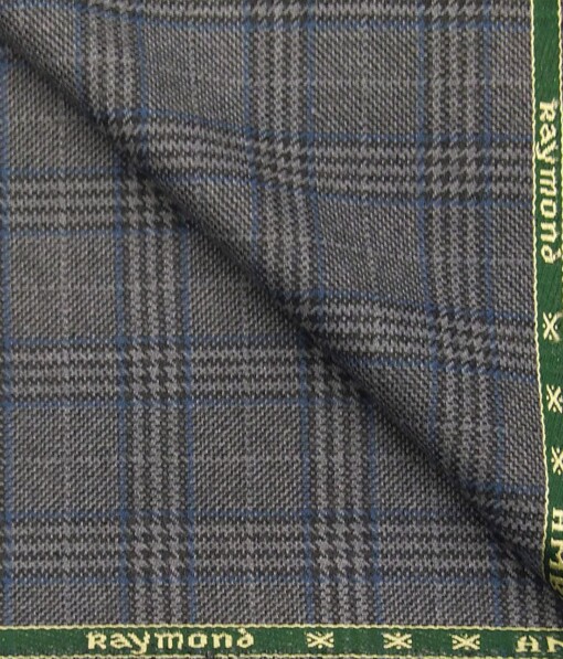Raymond Grey & Blue Checks New Merino Wool Blended Thick Tweed Jacketing & Blazer Fabric (Unstitched - 2.20 Mtr)