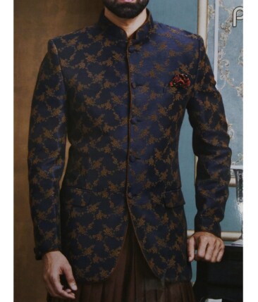 Exquisite Blue & Brown Floral Jacquard Unstitched Terry Rayon Blazer or Bandhgala Fabric