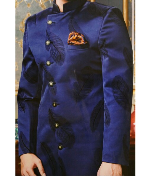 Exquisite Royal Blue Feather Embroidered Unstitched Terry Rayon Blazer or Bandhgala Fabric
