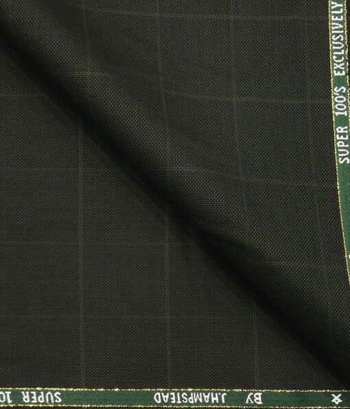 J.Hamsptead by Siyaram's 20% Merino Wool Super 90's Dark Green Structured Cum Checks Unstitched Suiting Fabric