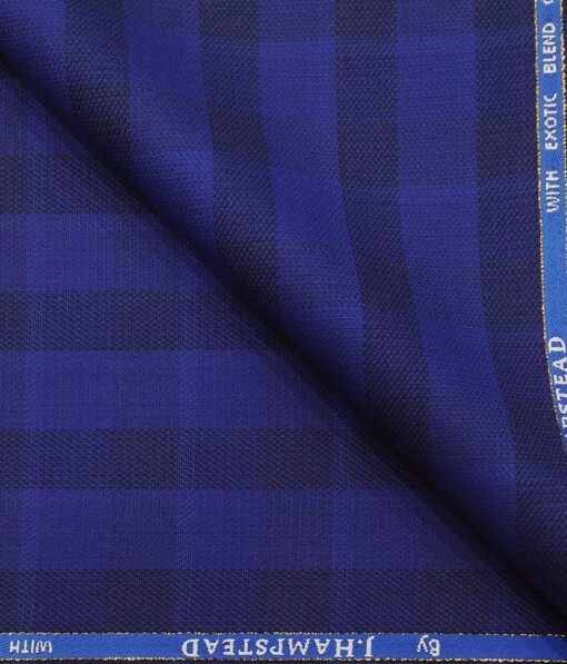 J.Hamsptead by Siyaram's 20% Merino Wool Super 90's Dark Royal Blue Broad Checks Unstitched Suiting Fabric