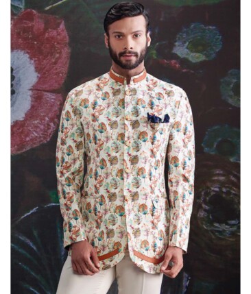 Nemesis Off White Multicolor Floral Printed Unstitched Terry Rayon Blazer or Bandhgala Fabric