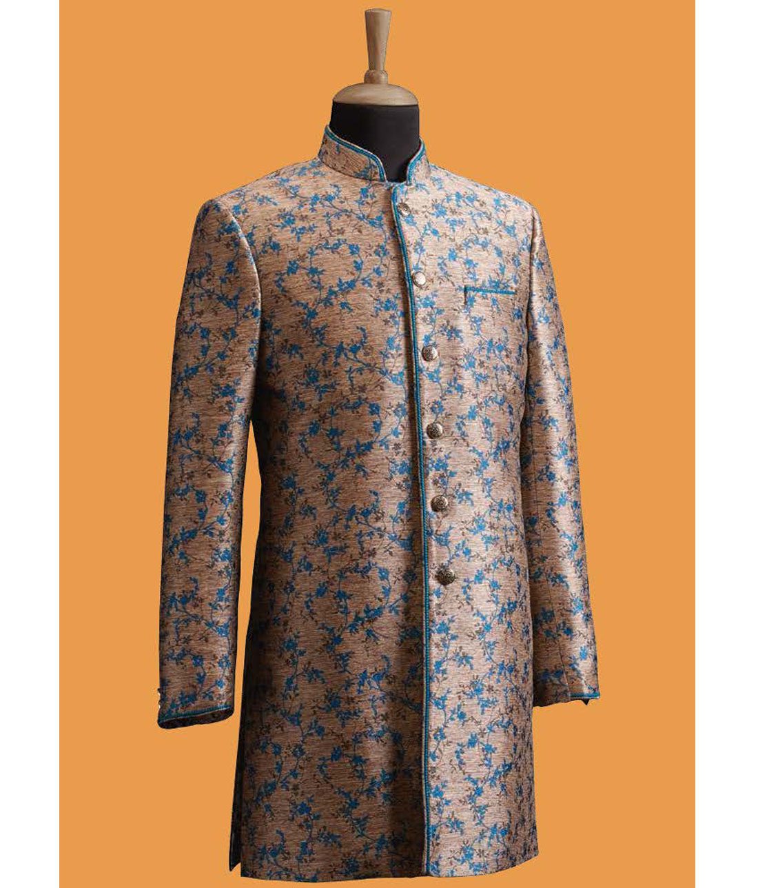 Nemesis Beige & Firozi Blue Floral Jacquard Unstitched Terry Rayon Blazer or Bandhgala Fabric