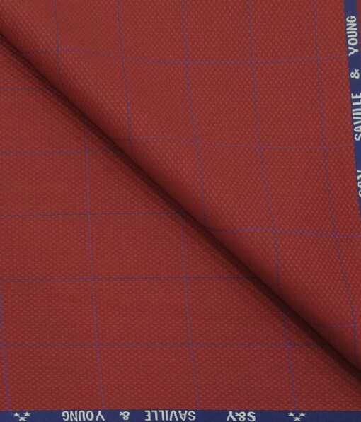 Saville & Young Ruby Red & Blue Structured Cum Broad Checks Super 110's 20% Merino Wool Suiting Fabric