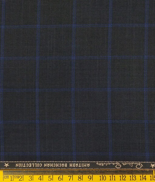 Grado by Grasim Dark Grey Polyester Viscose Blue Broad Checks Unstitched Suiting Fabric