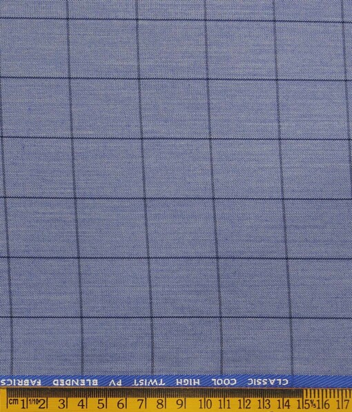 J.Hamsptead by Siyaram's Light Blue Polyester Viscose Navy Blue Checks Unstitched Suiting Fabric