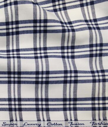 Exquisite White Poly Cotton Blue Checks Shirt Fabric (1.60 M)