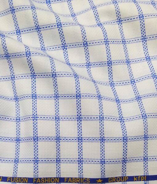 Exquisite White Poly Cotton Blue Stucutured Cum Checks Shirt Fabric (1.60 M)