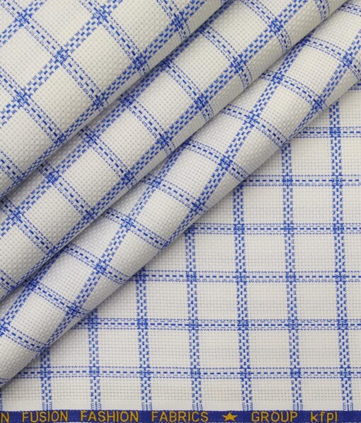 Exquisite White Poly Cotton Blue Stucutured Cum Checks Shirt Fabric (1.60 M)