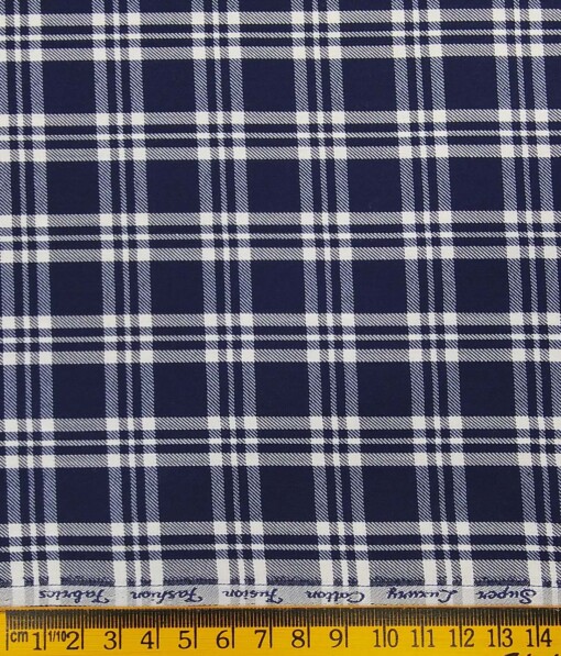 Exquisite Dake Blue Poly Cotton White Checks Shirt Fabric (1.60 M)