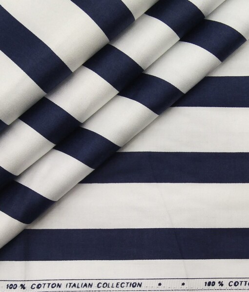 Exquisite White 100% Pure Cotton Blue Broad Stripes Shirt Fabric (1.60 M)