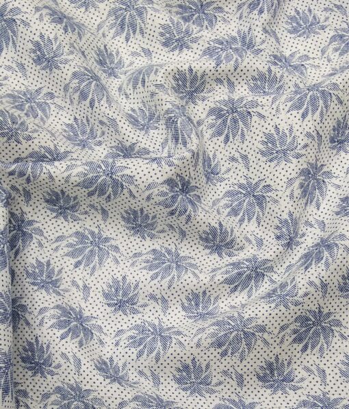 Exquisite White 100% Cotton Blue Floral Printed Shirt Fabric (2.40 M)