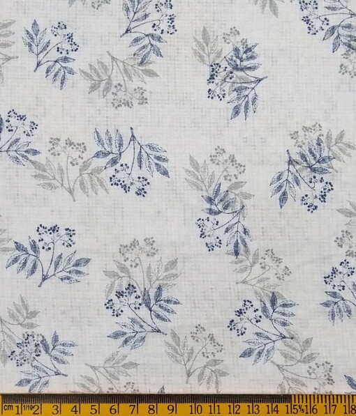 Exquisite White 100% Cotton Blue & Grey Floral Printed Shirt Fabric (2.40 M)