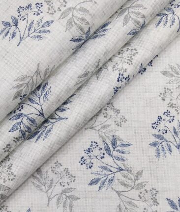 Exquisite White 100% Cotton Blue & Grey Floral Printed Shirt Fabric (2.40 M)