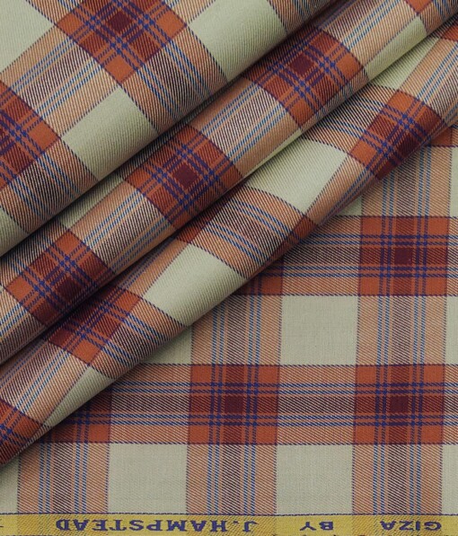 J.Hampstead Italy by Siyaram's Beige 100% Giza Cotton Marron Broad Checks Shirt Fabric (1.60 M)