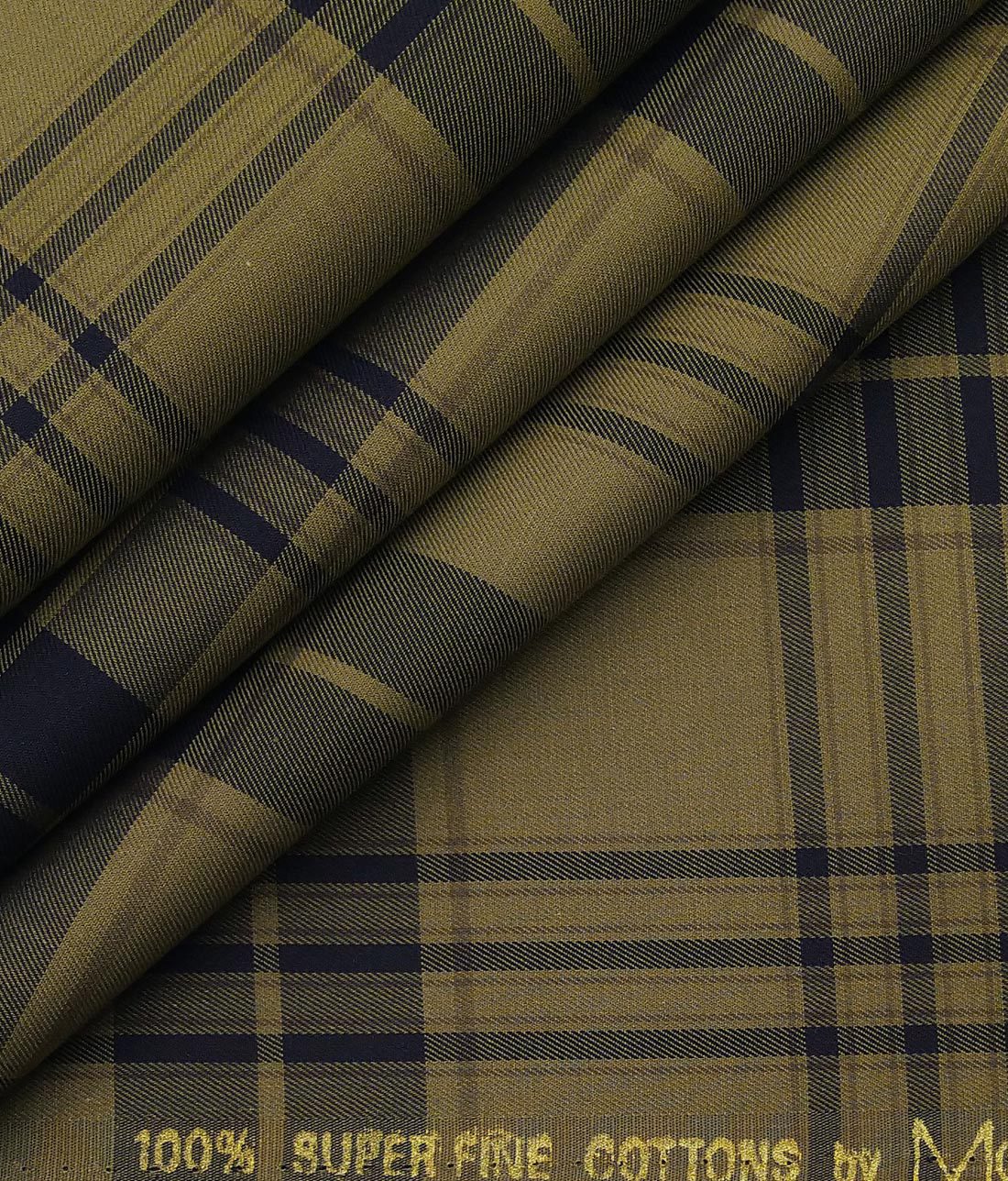 Monza Hazelnut Beige 100% Supefine Cotton Broad Blue Checks Shirt Fabric (1.60 M)