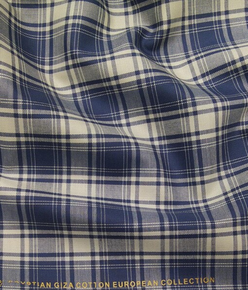 Nemesis Beige 100% Giza Cotton Blue Broad Checks Shirting Fabric