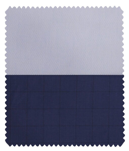 Combo of Raymond Denim Blue Checks Trouser Fabric With Exquisite White base Blue Structured Cotton Blend Shirt Fabric (Unstitched)