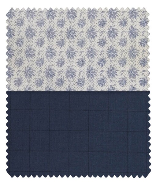 Combo of Raymond Aegean Blue Checks Trouser Fabric With Exquisite White 100% Cotton Blue Printed Shirt Fabric (Unstitched)